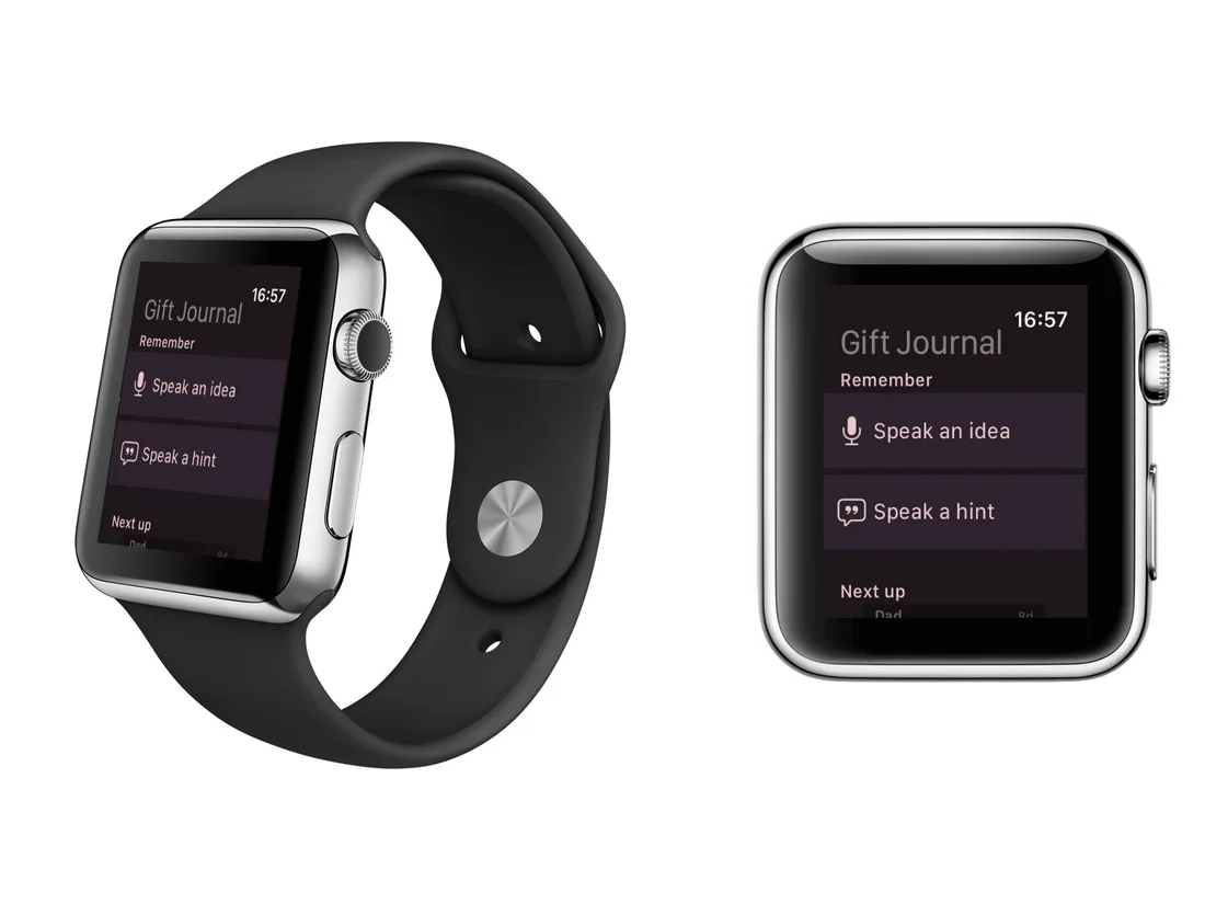 The Gift Journal Voice capture screen on Apple Watch, shown in the Velvet Plum & Rose Quartz theme