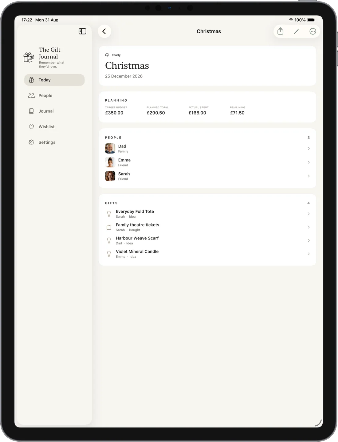 The Gift Journal Occasion planning screen on iPad, shown in the Alabaster & Pale Mineral theme