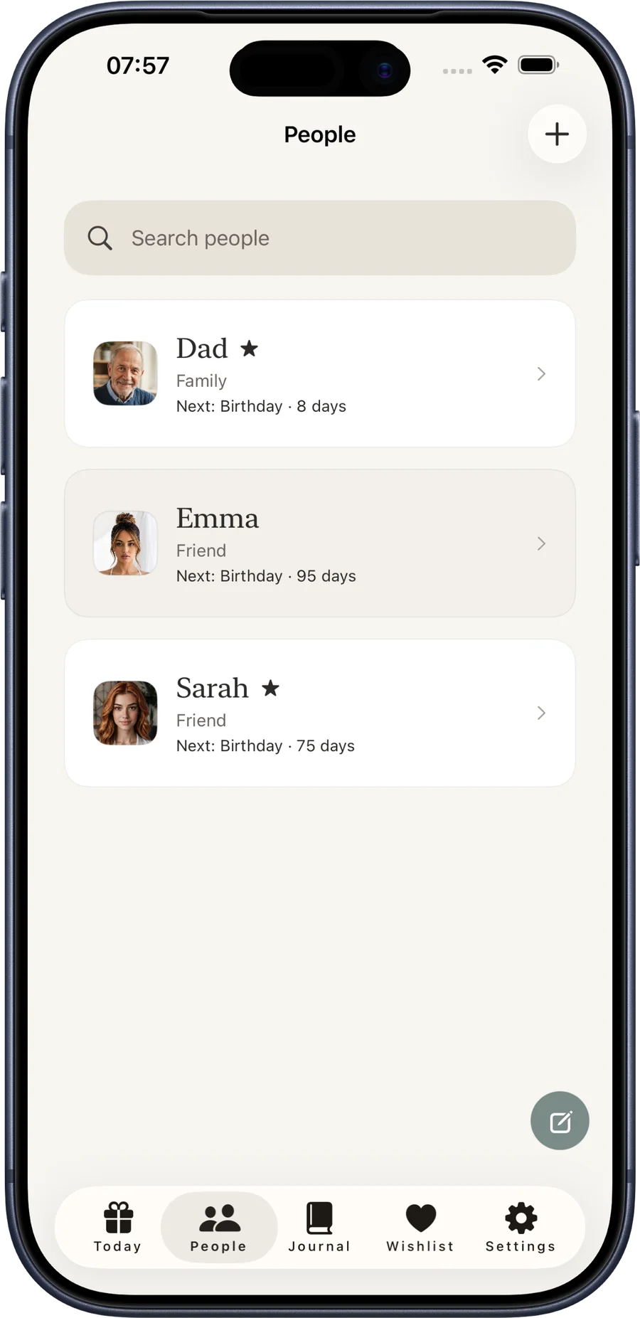 The Gift Journal People screen on iPhone, shown in the Alabaster & Pale Mineral theme