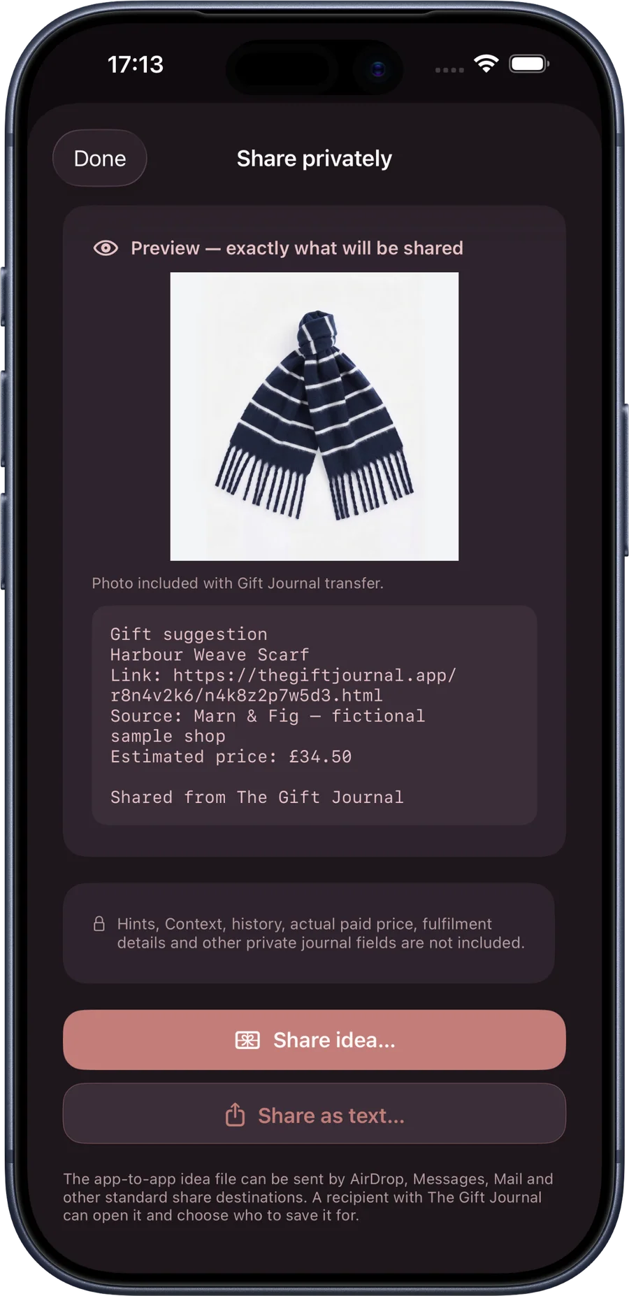 The Gift Journal Private sharing preview screen on iPhone, shown in the Velvet Plum & Rose Quartz theme