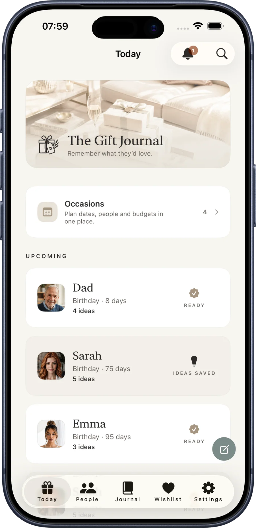The Gift Journal Today overview screen on iPhone, shown in the Alabaster & Pale Mineral theme