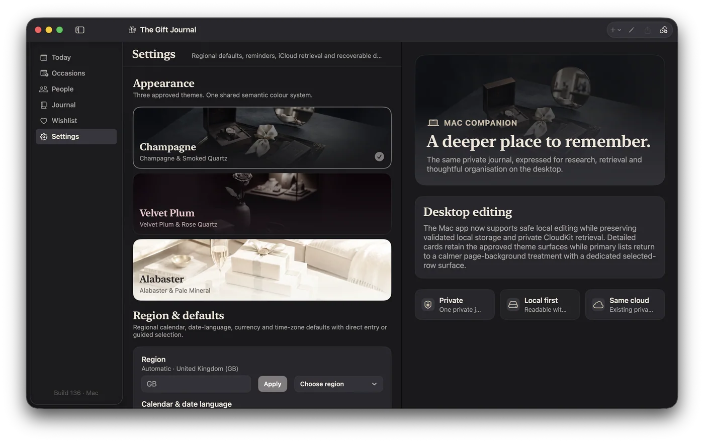 The Gift Journal Wishlist screen on Mac, shown in the Champagne & Smoked Quartz theme