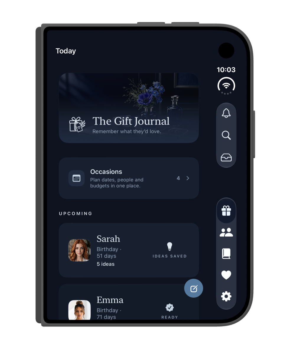 The Gift Journal Today screen in the Midnight Cobalt & Platinum Chrome theme on the iPhone Duo layout
