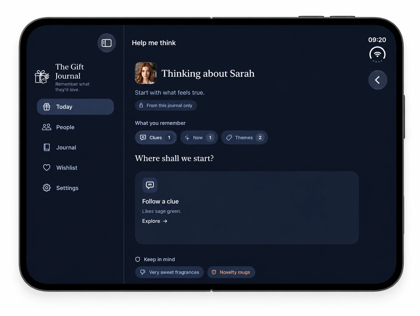 Help me think for Sarah, showing journal clues, themes and current context in the Midnight Cobalt & Platinum Chrome interface