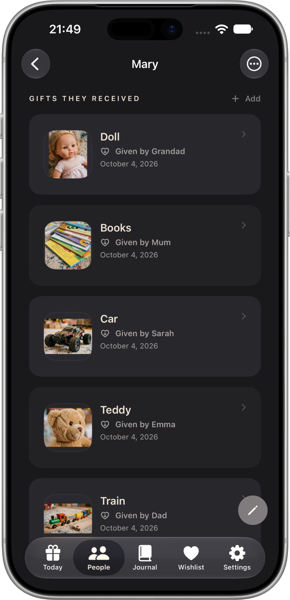 The Gift Journal Person screen showing gifts they received in Version 1.4